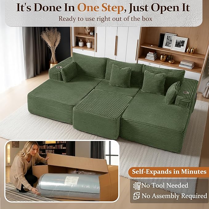 108" Cloud Sectional Couch, Comfort Sleep Sofa