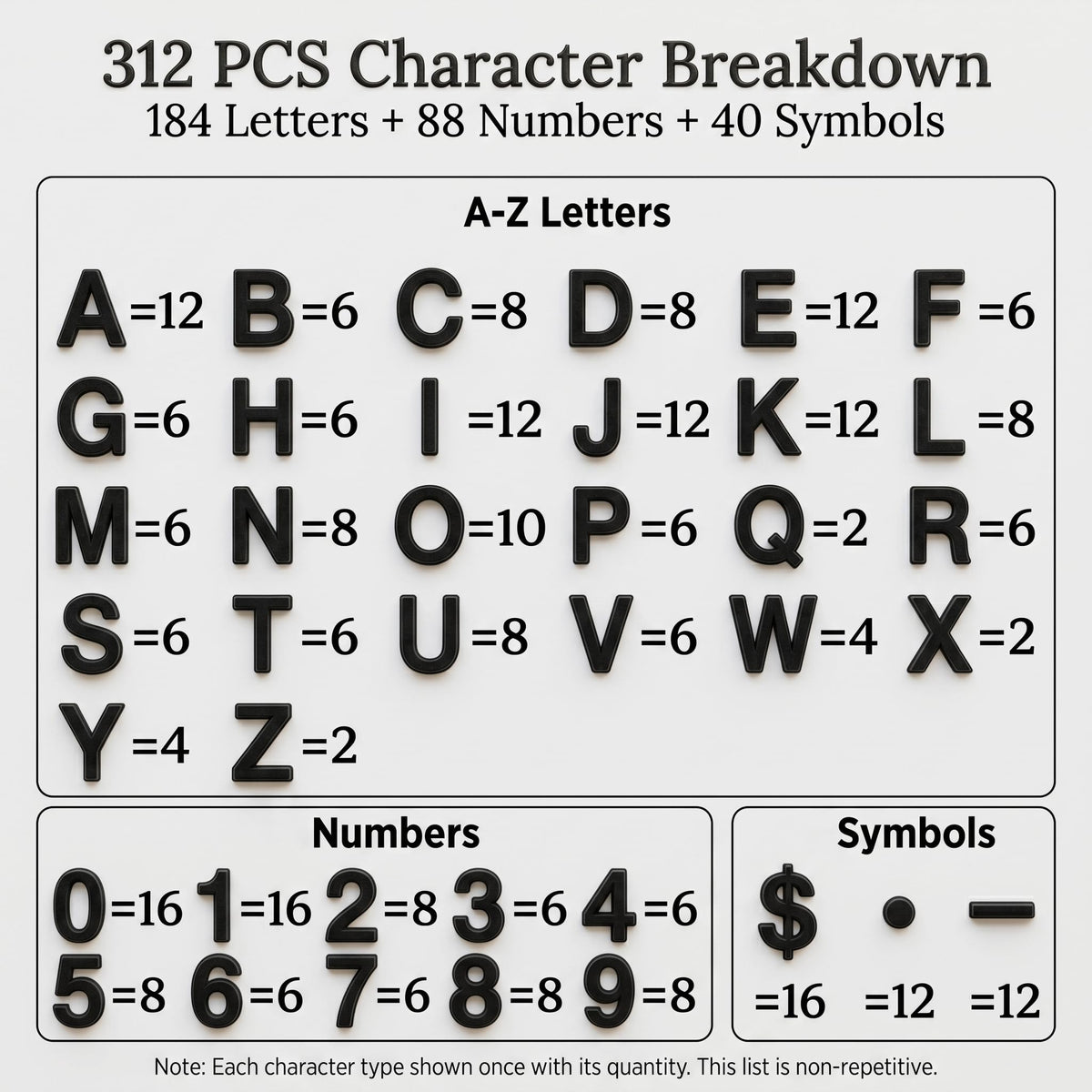 1 Inch Tall Plastic Letter Board Letters Only, 312 PCS Black Precut Replacement Letters and Numbers for Felt Letter Boards, Message Boards and Directory Boards, No Board Included