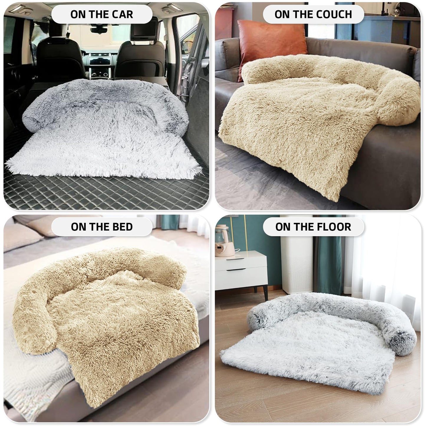 Calming Dog Bed Fluffy Plush Dog Mat for Furniture Protector with Removable Washable Cover for Large Medium Small Dogs and Cats (Large, Beige)