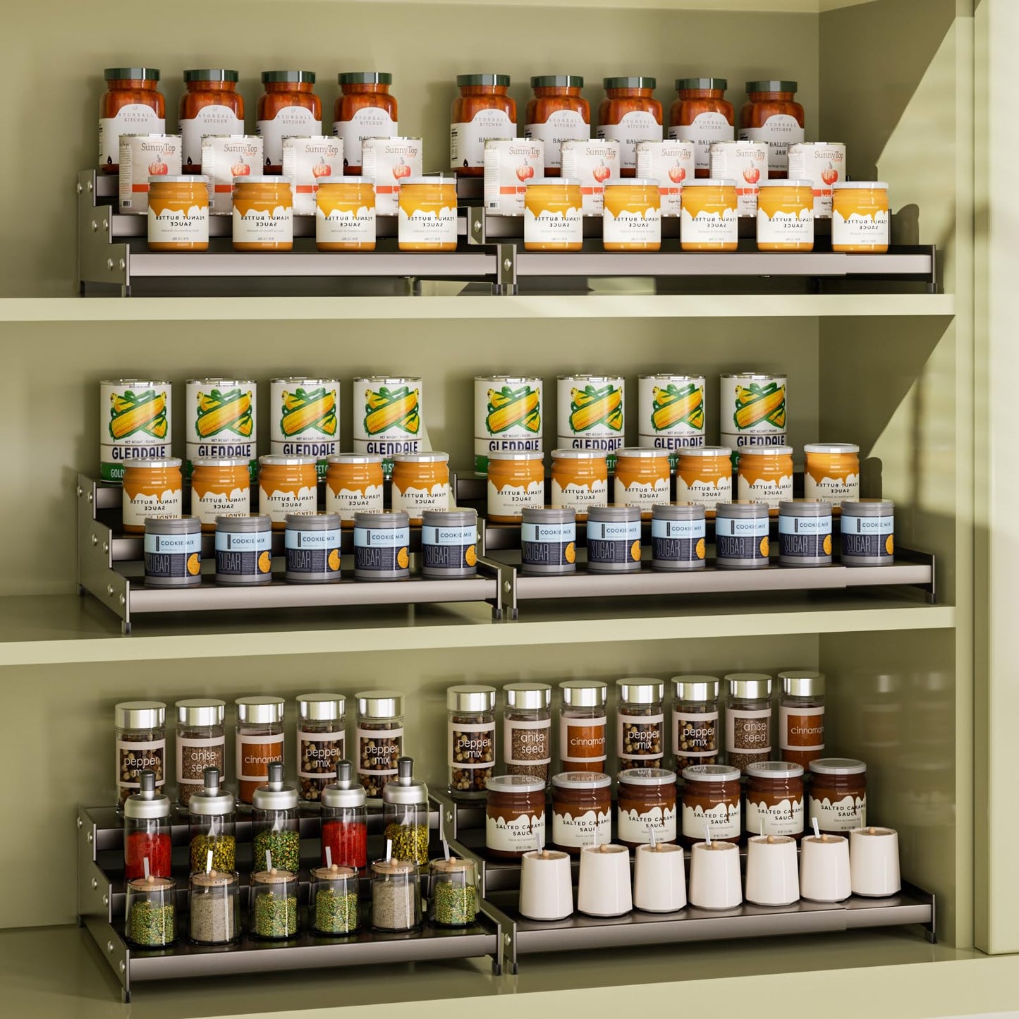 Expandable Carbon Steel Spice Rack Organizer for Pantry, Adjustable 3-Tier Ladder Shelf,Holds Up to 24 Cans,Kitchen Countertop Organizer, Rustproof Storage Rack for Spices, Cans, Sauces & Dry Goods