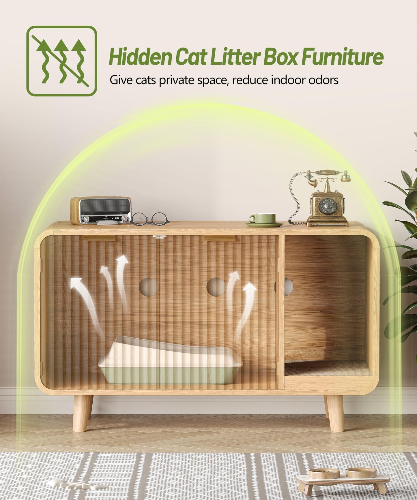 Zeibospri Fluted Cat Litter Box Enclosure with Solid Wood Legs, Hidden Cat Litter Cabinet, Modern Cat House Furniture, Reduce Litter Tracking, 31.5 x 19.7 x 22 Inches, for Living Room, Bedroom, Oak