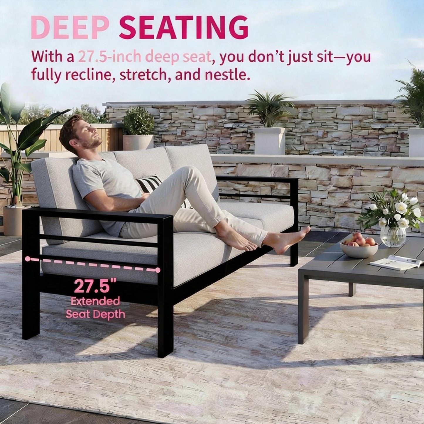 Kiss the Water 3 Seats Aluminum Outdoor Patio Sofa Set, All Weather Rust-Proof Metal Patio Couch, Modern Outdoor Furniture for Backyard Porch Garden, 5" Thick Waterproof Olefin Cushions, Light Grey