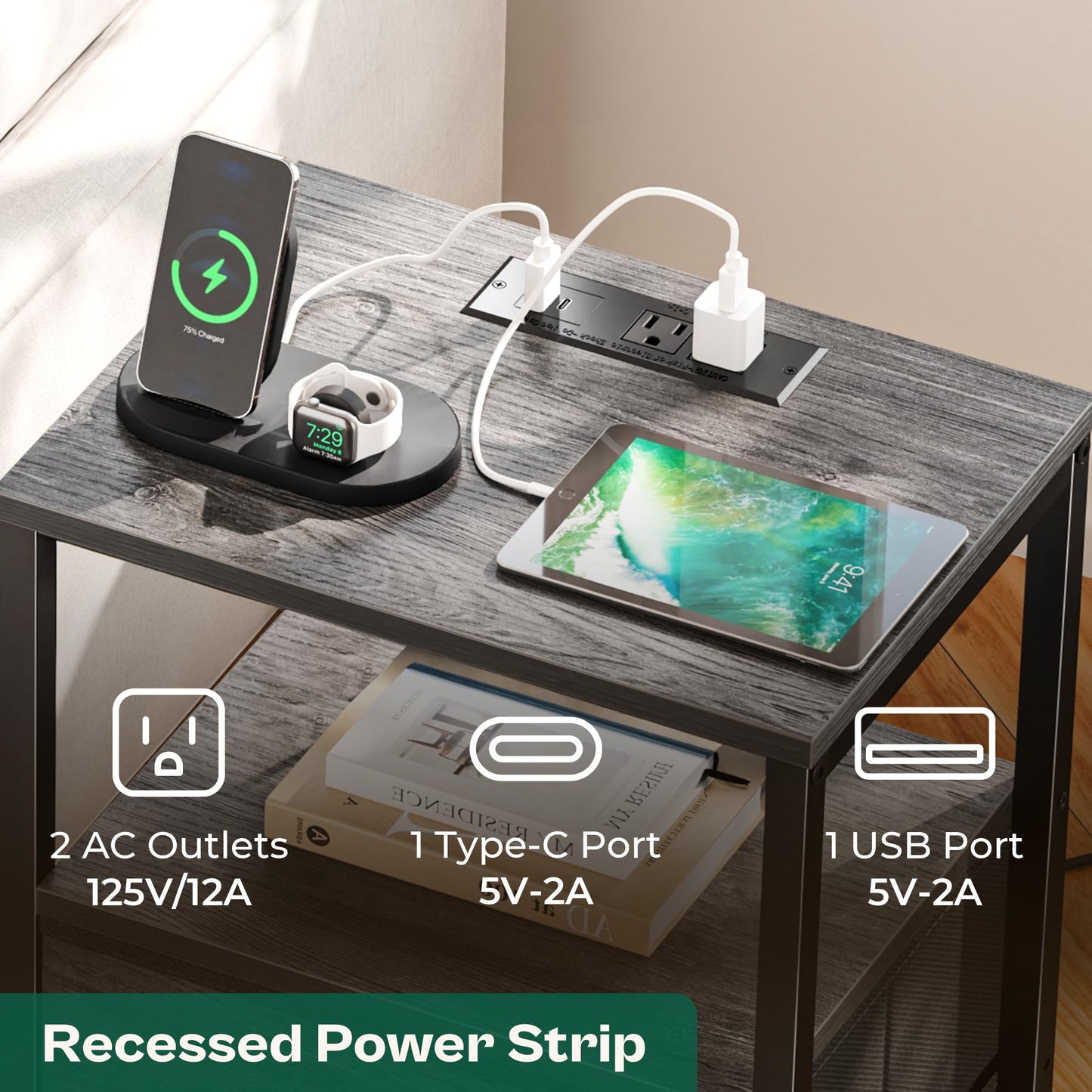 Huuger Nightstand with Charging Station, Fabric Drawers, End Table with Open Shelf, Bedside Table with USB Ports and Outlets, Night Stand for Bedroom, Gray