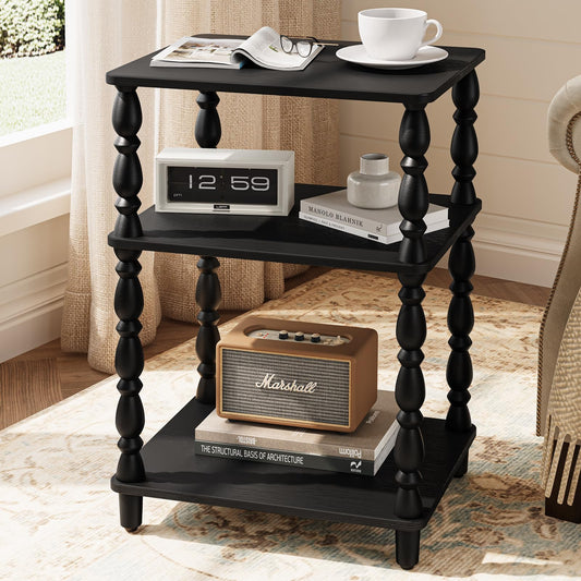 Yoobure Small Side Table - Vintage End Tables Living Room with Spindle Legs, Accent Night Stand with 3-Tier Storage Shelf, Wood Nightstand for Bedroom, Bedside Table for Narrow Spaces, Black