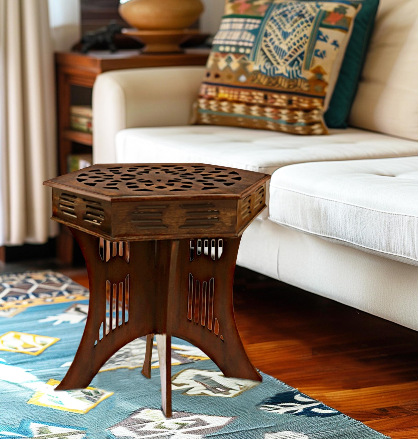 COTTON CRAFT Solid Wood End Table - Hand Carved Moroccan Accent Table - Boho Folding Side Table - Small Spaces Entryway Global Living Room Bedside - No Tools Assembly - 24x20 in - Dark Antique Brown