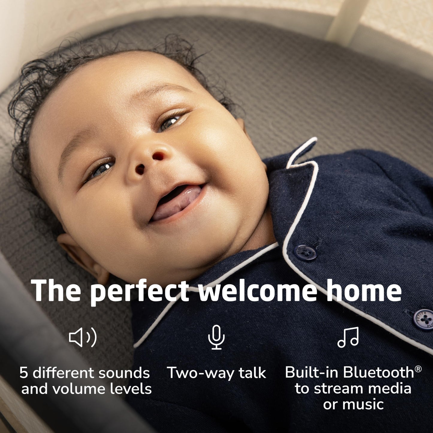 Maxi-Cosi Starling Smart Bassinet, CryAssist AI Cry Translation, 5 Rocking Motions, Cozy Mattress Pad, Machine-Washable Cover, Built-in Bluetooth Speaker, Onyx Heritage, Baby Bassinet Rocking