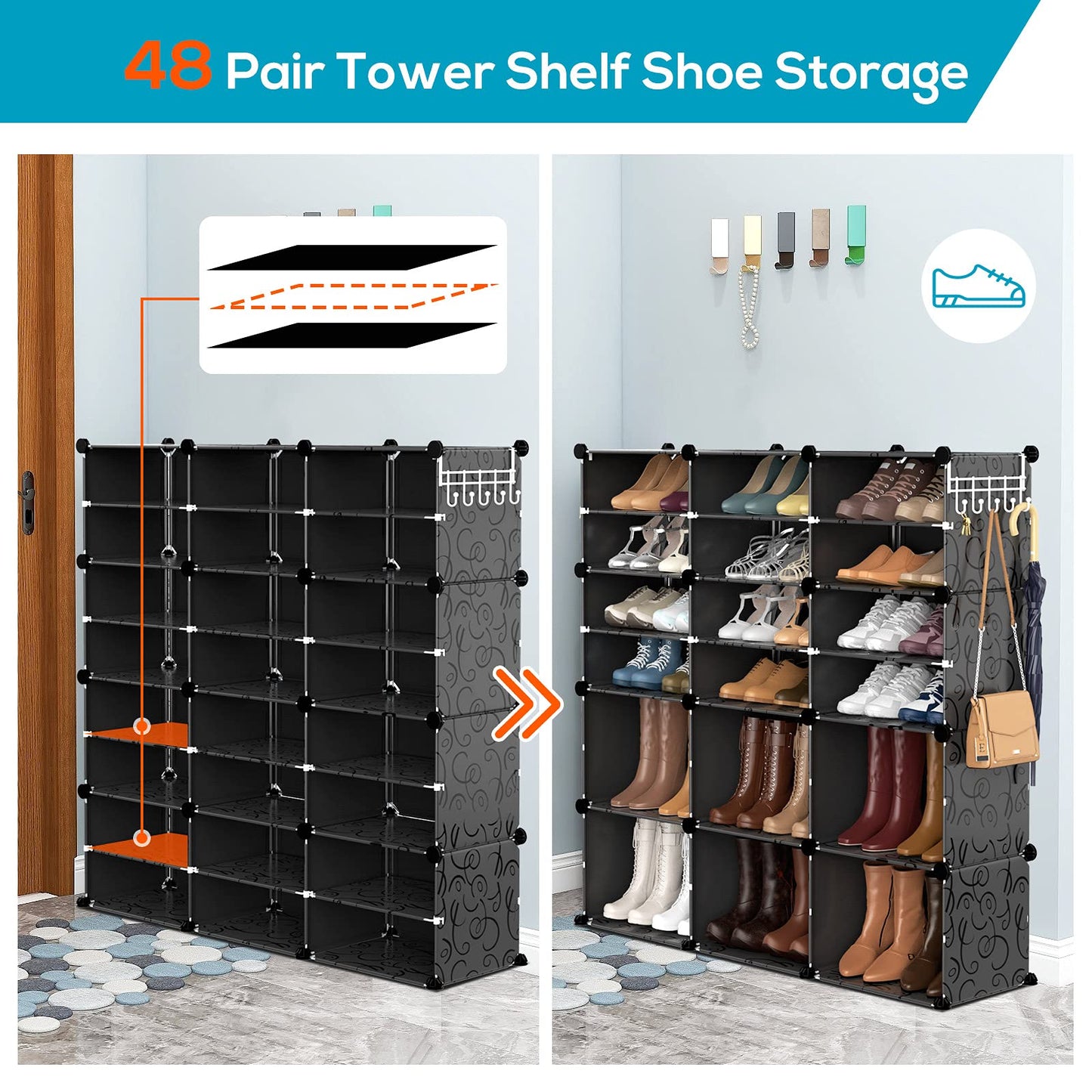VTRIN Portable Shoe Rack Organizer - 48 Pair Tower, 4 Tiers for Entryway Shelf Storage - Cabinet Stand for Heels, Boots, Slippers - Narrow Standing Stackable Space Saver - Black White