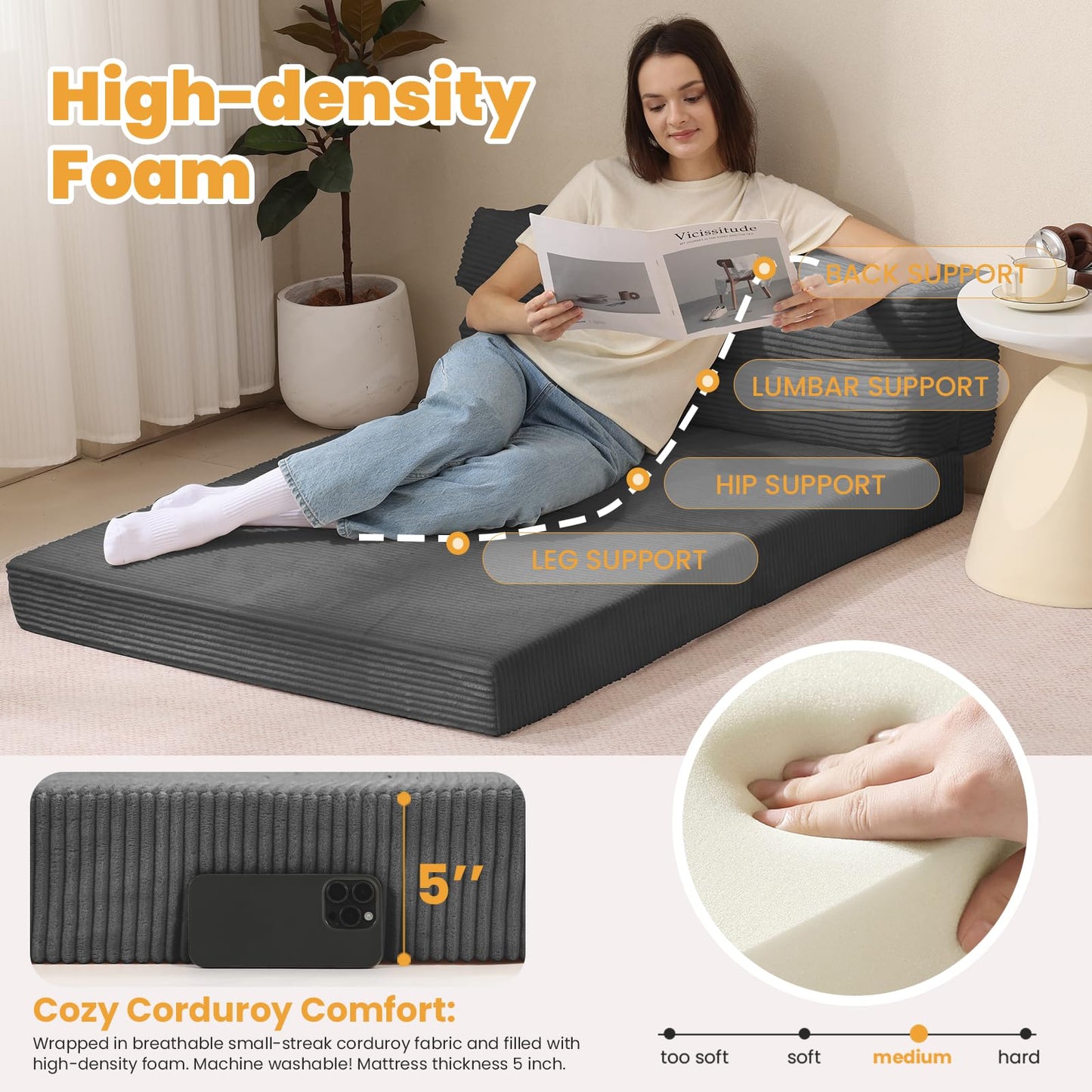 feliz home Foldable Mattress Full, 54" Folding Sofa Bed, 3-in-1 Convertible Sofa Bed Floor Couch for Living Room, Guest Room – No Assembly Required