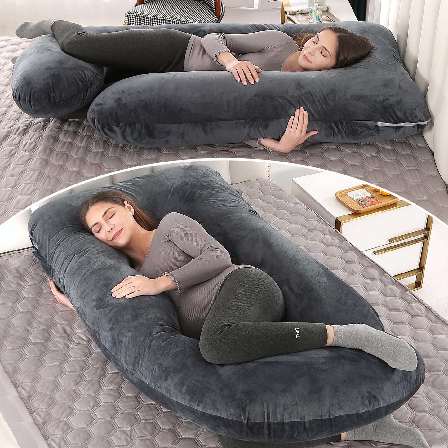 U-Shaped Full Body Pregnancy Pillow for Sleeping – 57" Maternity Pillow with Removable Cover, Support for Back, Legs, Belly & Hips (Velvet -Black)