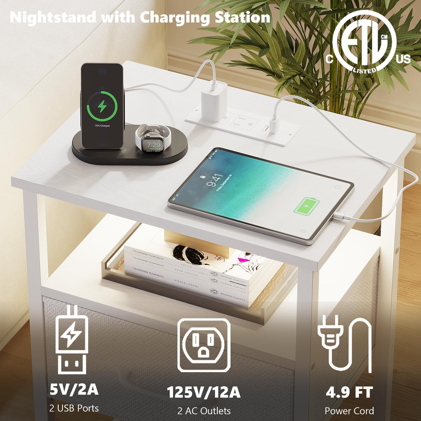 TRIFEBLE Night Stand Set 2, End Table with Charging Station, LED Bedside Table with Fabric Drawer for Bedroom, 3-Tier Side Table with Open Shelf, White