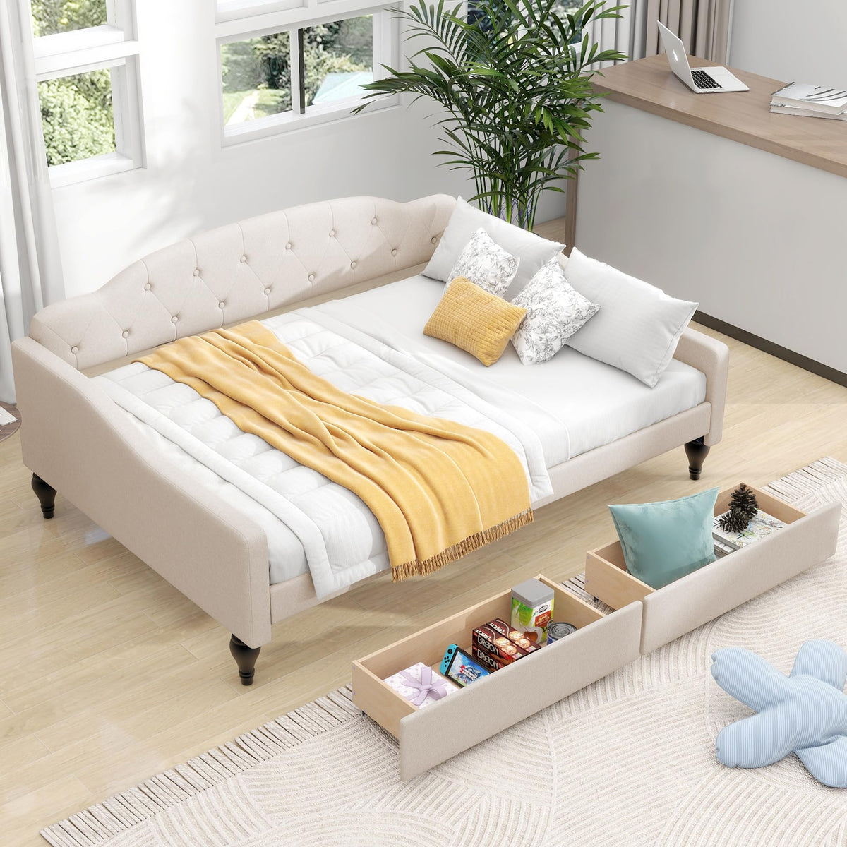 Acosure Full Size Upholstered Tufted Daybed with Two Storage Drawers,Linen Sofa Bed,Easy Assemble & No Box Spring Needed,Perfect for Small Space,Bedroom,Livingroom,Guest Room, Beige