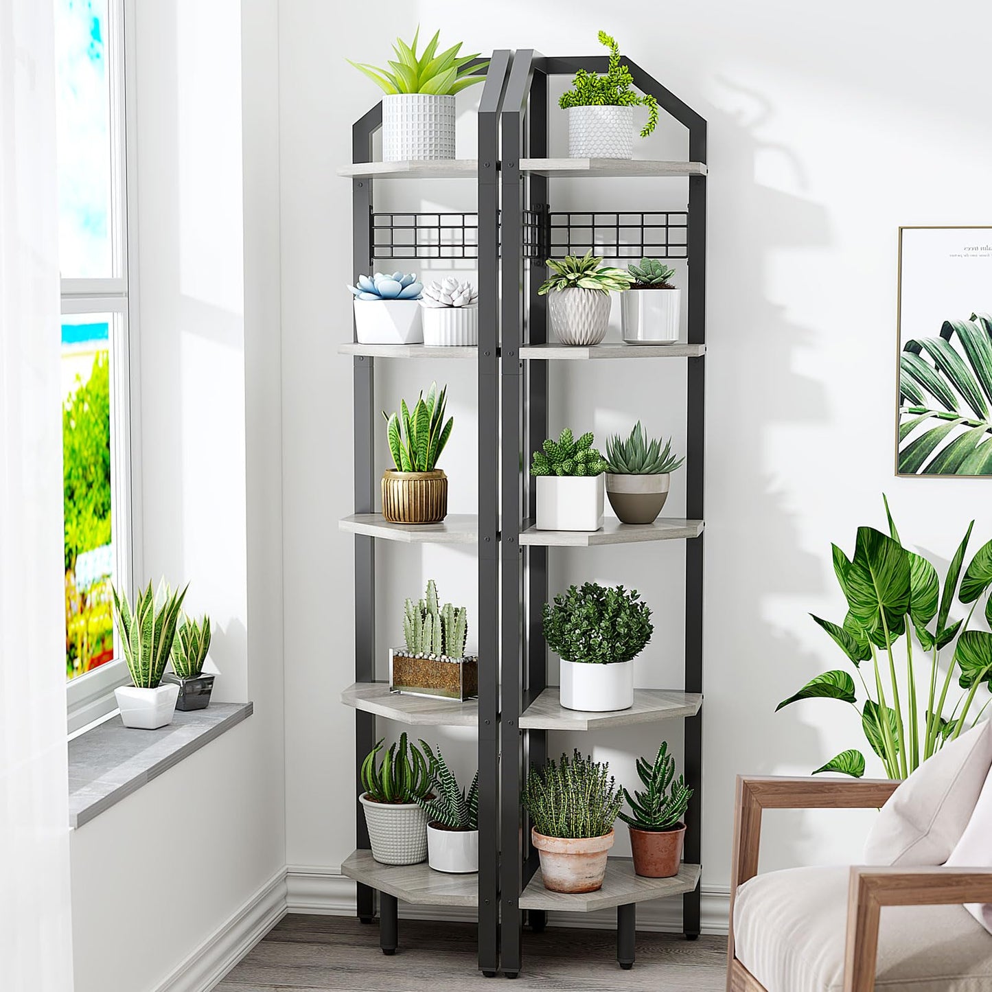 YMYNY 5-Tier Corner Shelf, Freestanding Corner Bookcase with 6 Wooden Clips and 6 S-Hooks, Multi Display Shelf Rack for Living Room, Bathroom, Bedroom, Small Space, Silver Gray, 69" H, UHBR006Y