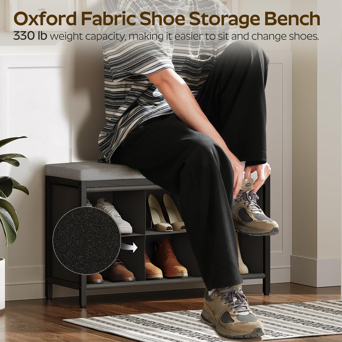 YATINEY Shoe Storage Bench with Cushion, Entryway Bench, Shoe Rack with Padded Seat and 6 Oxford Compartments, for Closet, Bedroom, Entryway, Black and Gray HX01BK