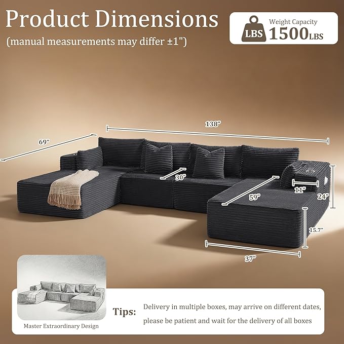 138" Cloud Sectional Couch, Comfort U Shaped Sofa