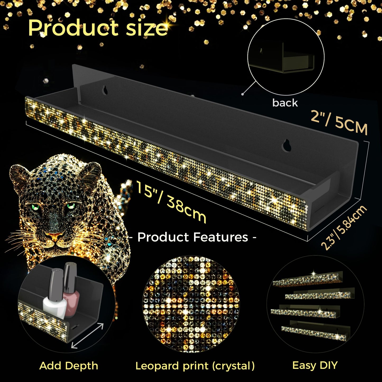 Nail Polish Wall Shelf -15 Inch Acrylic Black with Bling Leopard Print Sparkling Crystal Rhinestone, Essential Oil Organizer, Sunglasses Picture Display, Nail Polish Rack for Bedroom, Studio 4 Pack