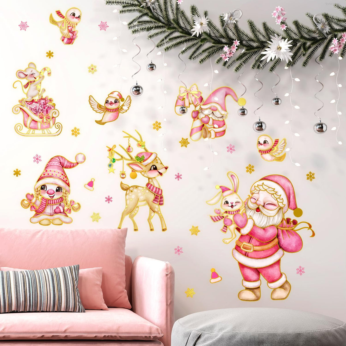 Wrdpyrmnis Pink Santa Claus Wall Stickers with Reindeer Christmas Gnome Window Sticker Decor Peel and Stick Wall Decals Window Clings for Room Classroom Christmas Decorations (1 Sheet)