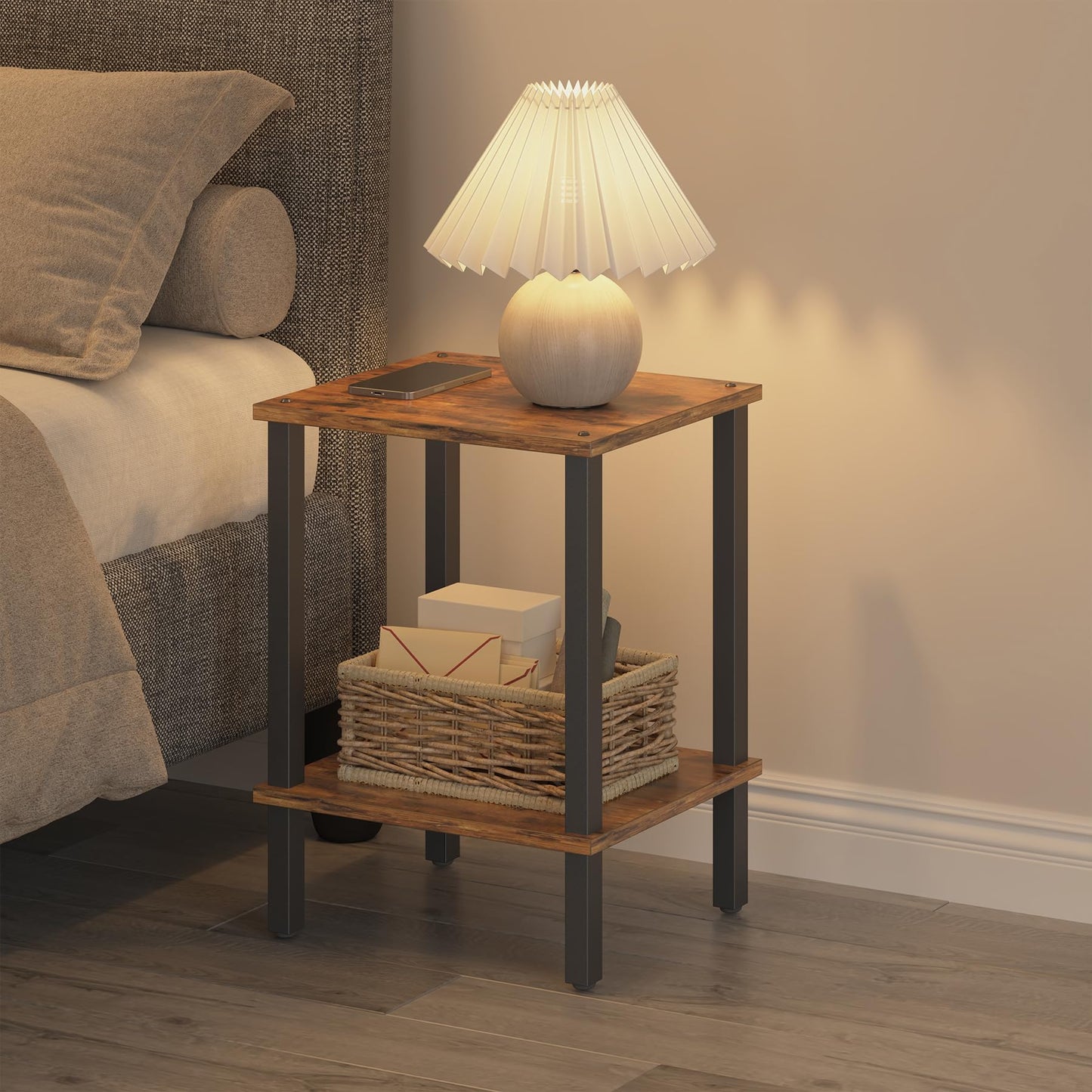 TUTOTAK End Table, Side Table, Nightstand, 2-Tier Storage Shelf, Sofa Side Table for Small Space, Living Room, Bed Room Brown and Black TB01BB034
