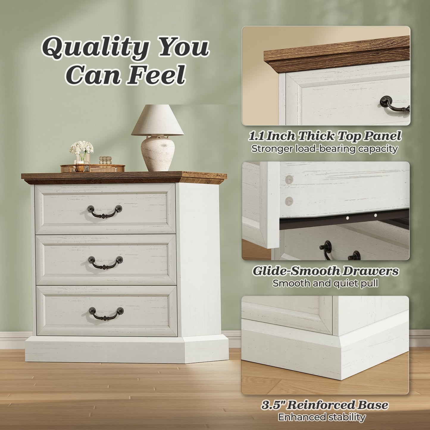 Huuger Nightstand with Charging Station, 3 Drawer Night Stand Set of 2, 22 Inch Wider Side Table with Storage, Farmhouse Nightstand with Vintage Handles, Thicken Base, for Bedroom, Distressed White