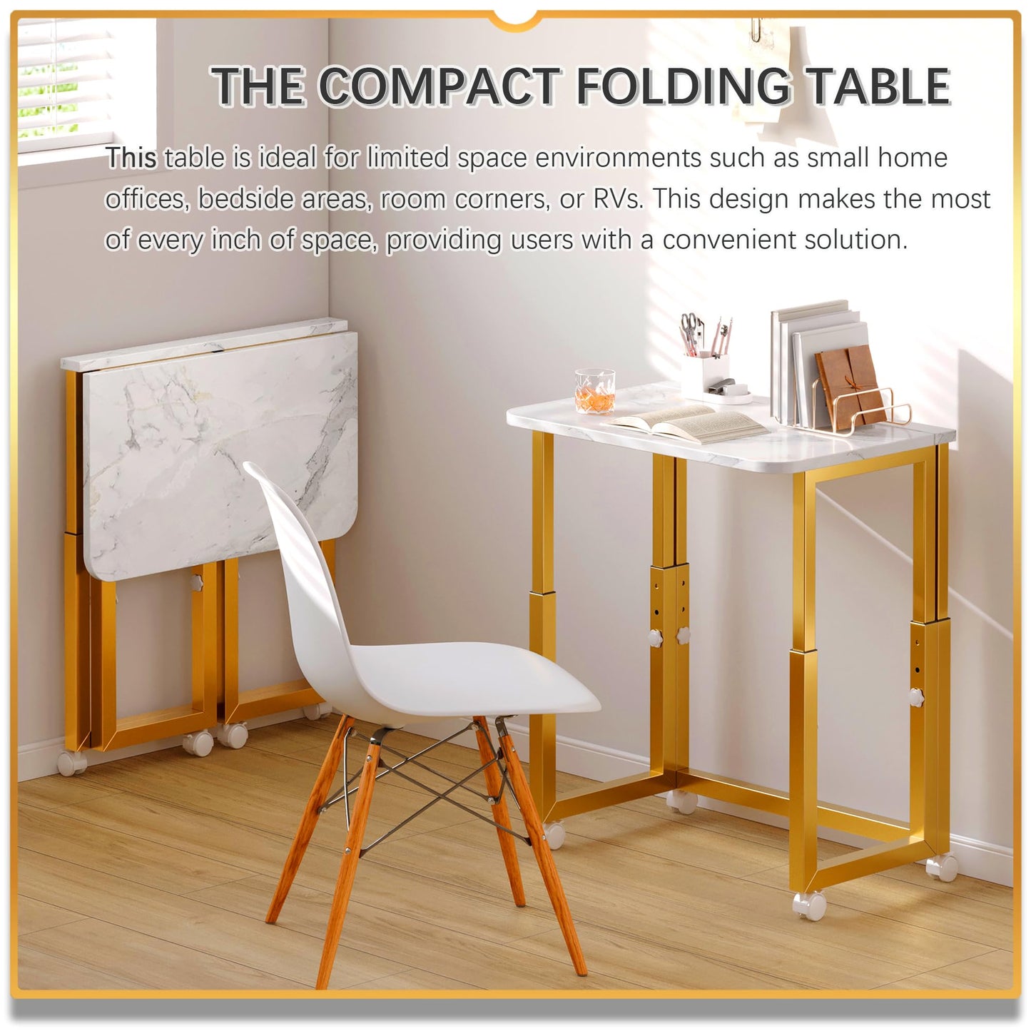 4NM No Tool Assembly 23.6" Small Desk, Folding Portable Desk with Wheels, Adjustable Height Foldable Computer Home Office Desks, Collapsible Study Writing Table for Space Saving Bedroom - White Gold