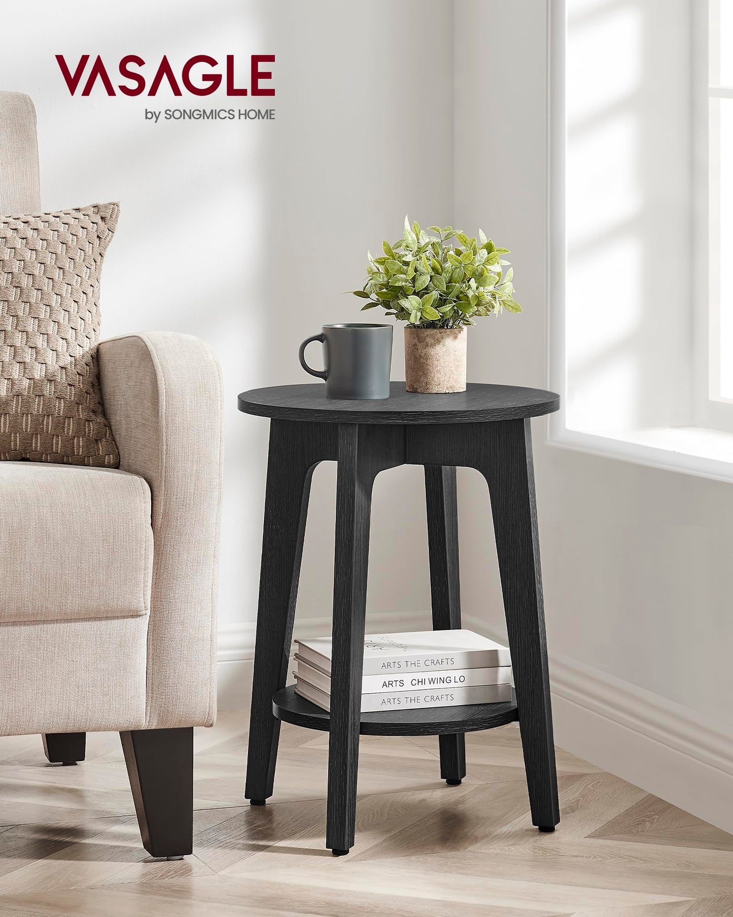 VASAGLE MAEZO Collection - Side Table, 2-Tier Small Round End Table, Nightstand with Tapered Legs, Curved Transitions, for Small Spaces, Living Room, Bedroom, Charcoal Gray ULET283T22