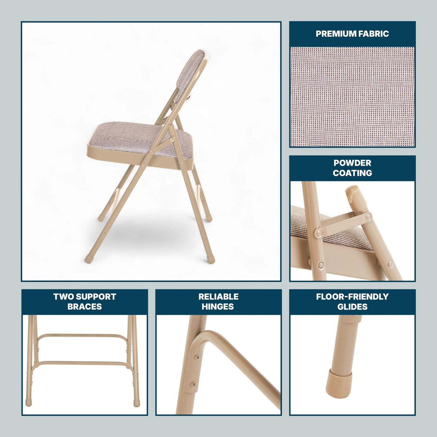 OEF Furnishings OEF2200 Series Heavy-Duty Premium Fabric Padded Upholstery Double-Hinged Folding Chairs (4-Pack, French Beige)