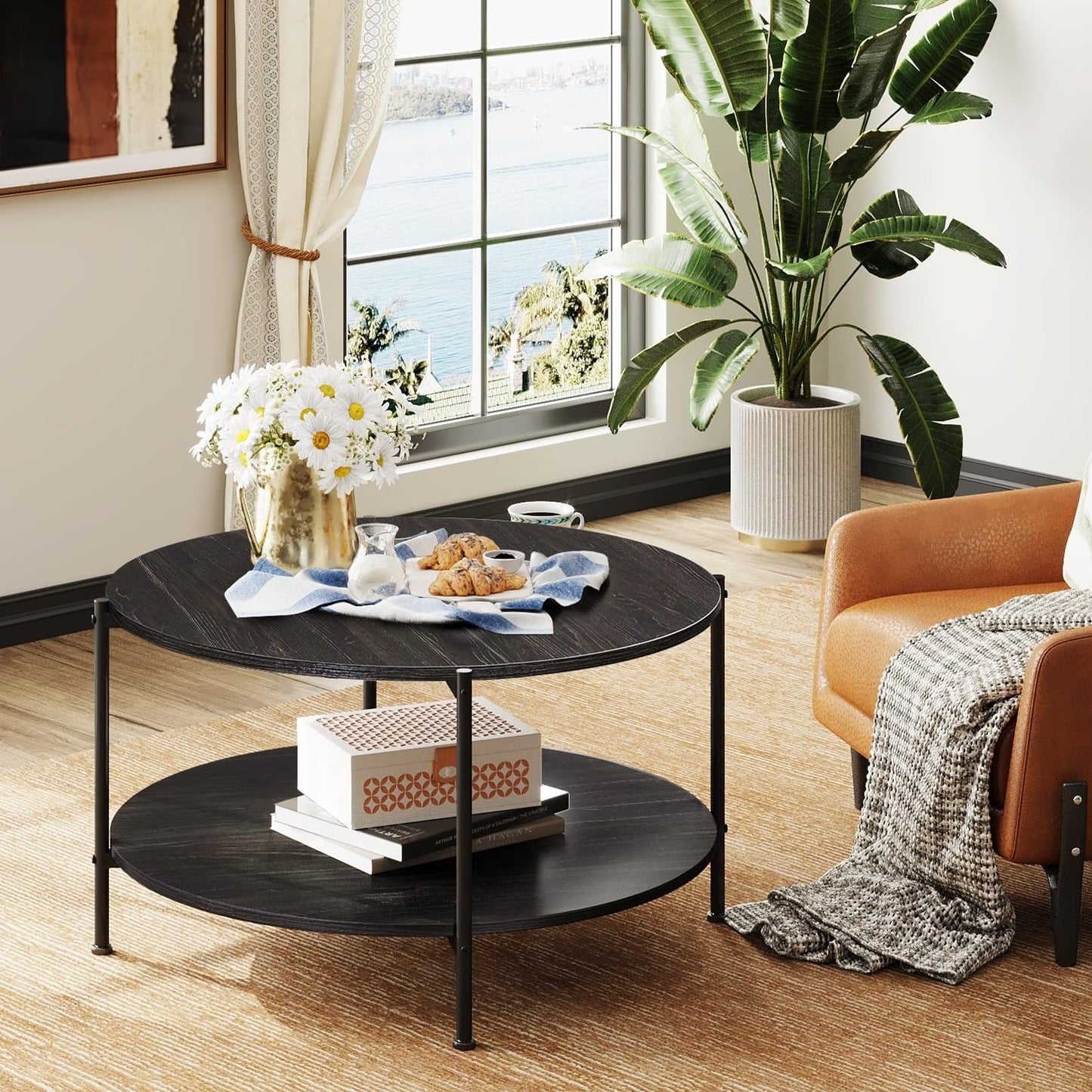 WLIVE Round Coffee Table for Living Room, 32.6" Small Coffee Table with Open Storage Shelf, 2-Tier Industrial Circle Wood Center Table for Bedroom, Home Office, Charcoal Black