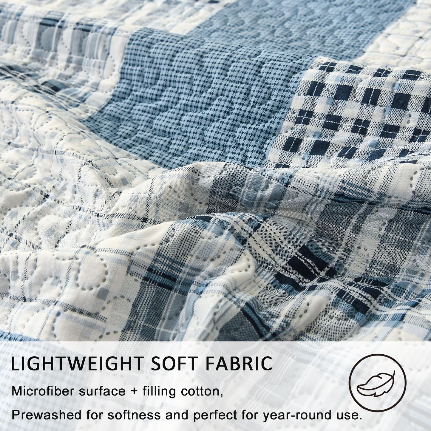 Jarson 3 Piece Plaid Daybed Cover Set Twin Blue Gray White Patchwork Quilted Daybed Bedding Sets Double Side Cozy Sofa Daybed Cover with 2 Shams