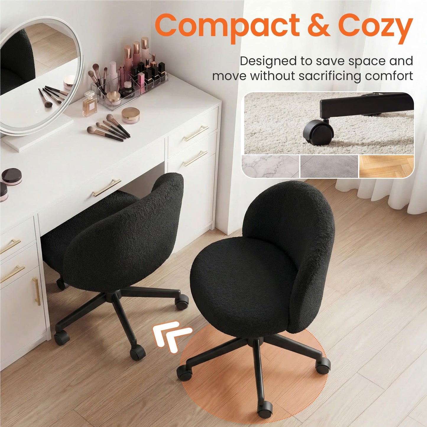 NEO CHAIR Office Vanity Chair with Wheels Comfy Desk Chair for Girls Cute Computer Small Armless Adjustable Height Swivel for Home Bedroom Task (Black)