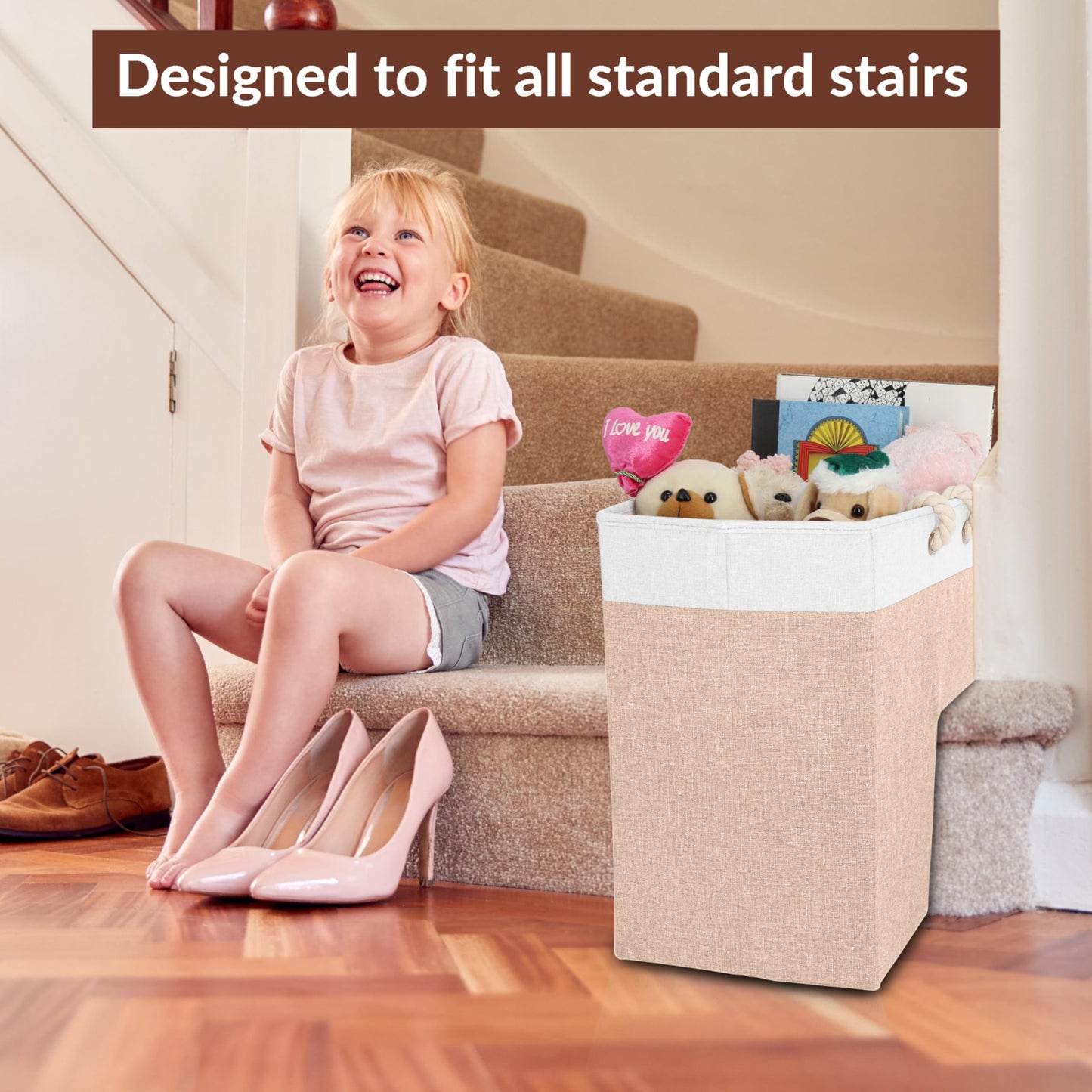 SAM AND MABEL Stair Baskets for Carpeted and Wooden Stairs – 16”L x 10”W x 16”H Foldable Staircase Basket with Handles, Stair Step Storage Organizer (Warm Beige and White)