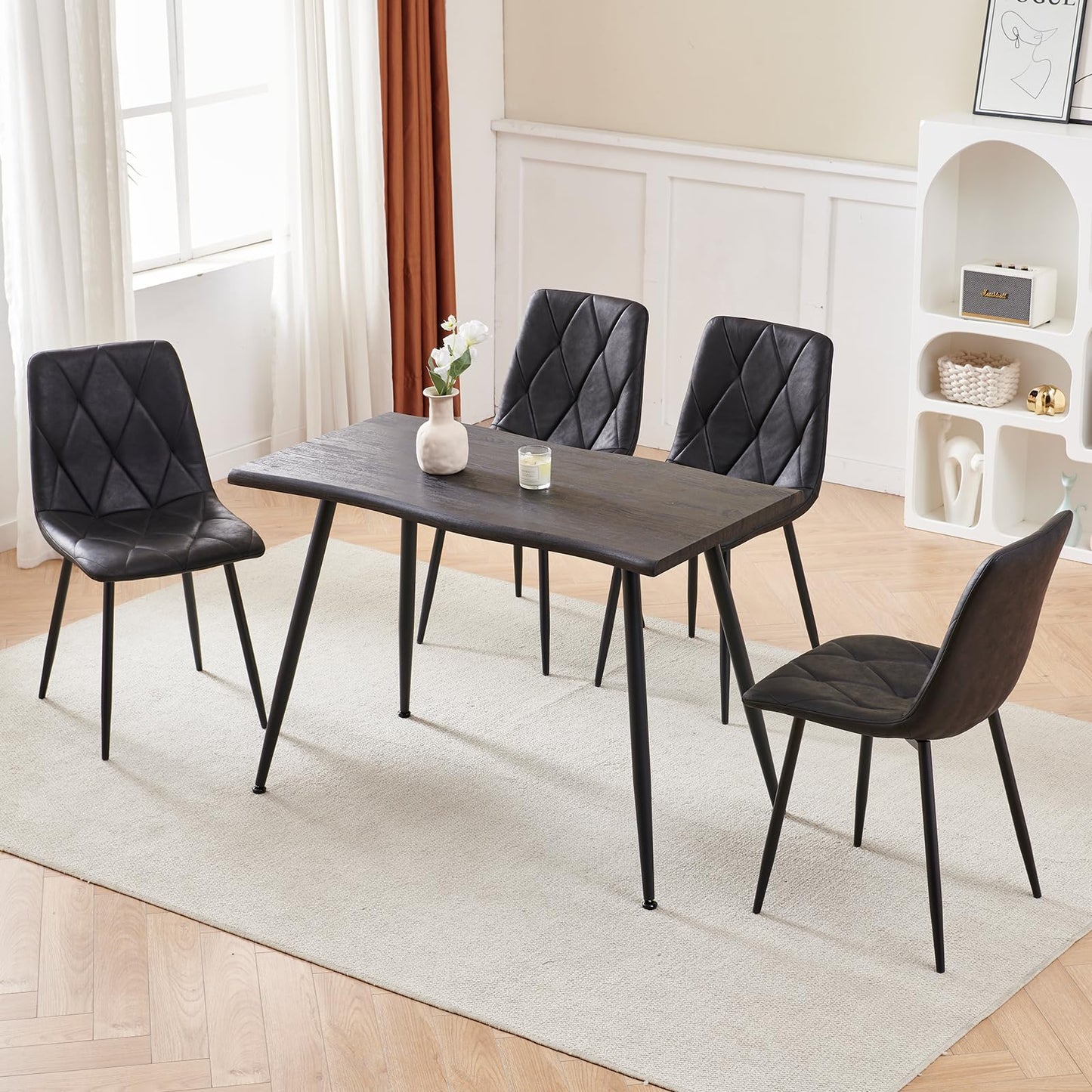 Btrpily 4 Set of Dining Chairs, Metal Frame Dining Chair for Kitchen Room,Technology Cloth Seat Chair for Living Room, Bedroom(Black)