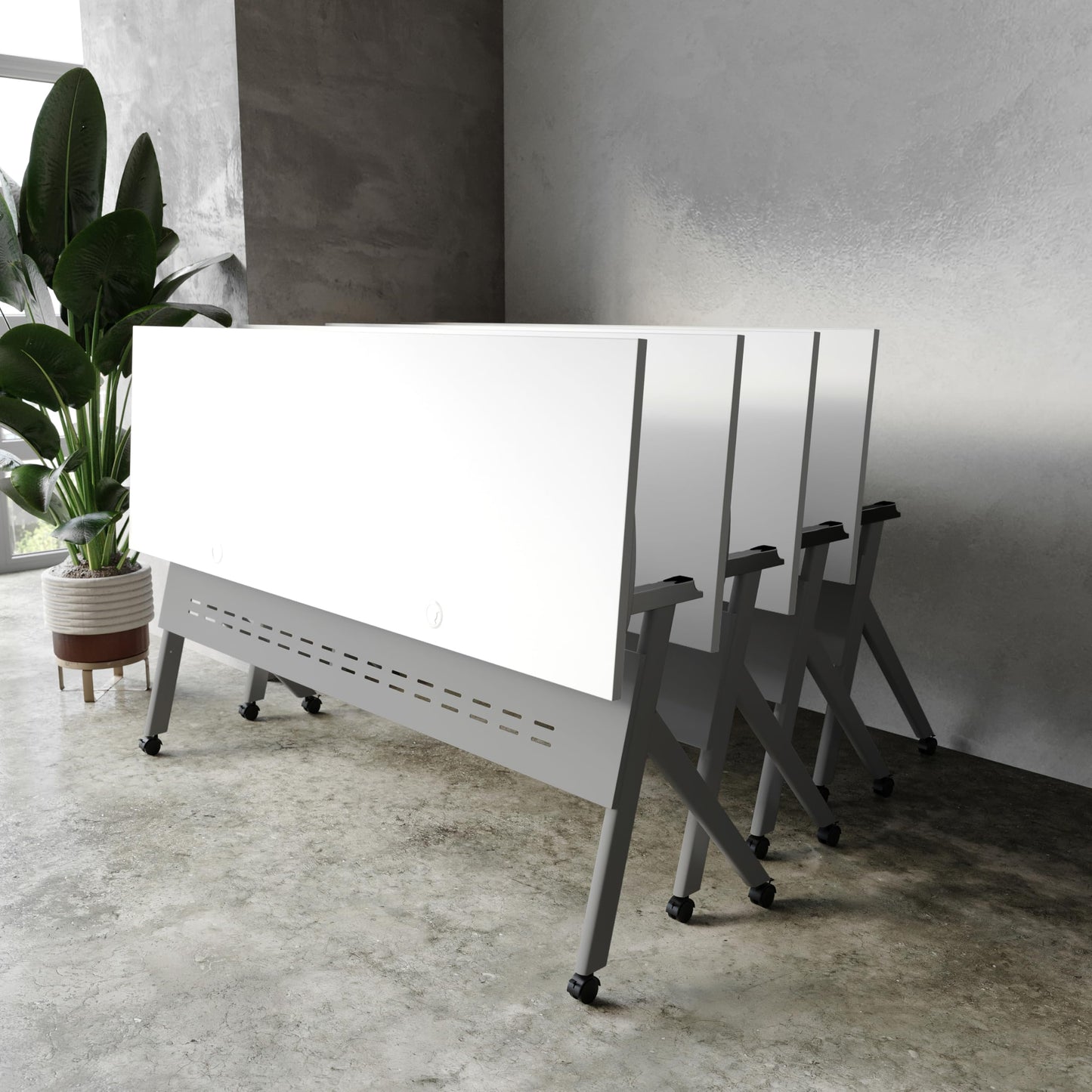BizChair Commercial Grade 72" x 24" Heavy-Duty Nesting Flip Training Table with Y-Legs, Modesty Panel, 1" Thick White Tabletop, and Gray Steel Frame