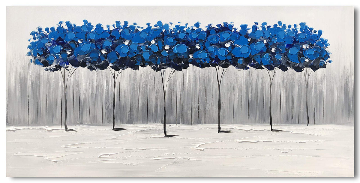 Yihui Arts Hand Painted Blue Tree Landscape Oil Painting on Canvas, Modern Abstract Wall Art for Living Room, Bedroom, Office Decor