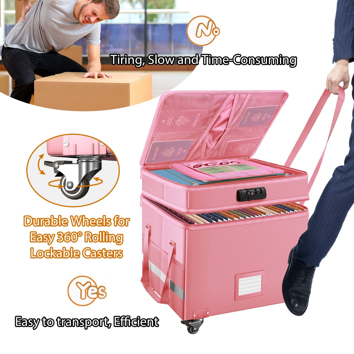 DocSafe File Box with Lock,2-Layer Fireproof Document Box with Wheels,Collapsible Rolling File Storage Organizer with Pockets,Large Portable Home Office Filing Cabinet Safe for Hanging Folders,Pink