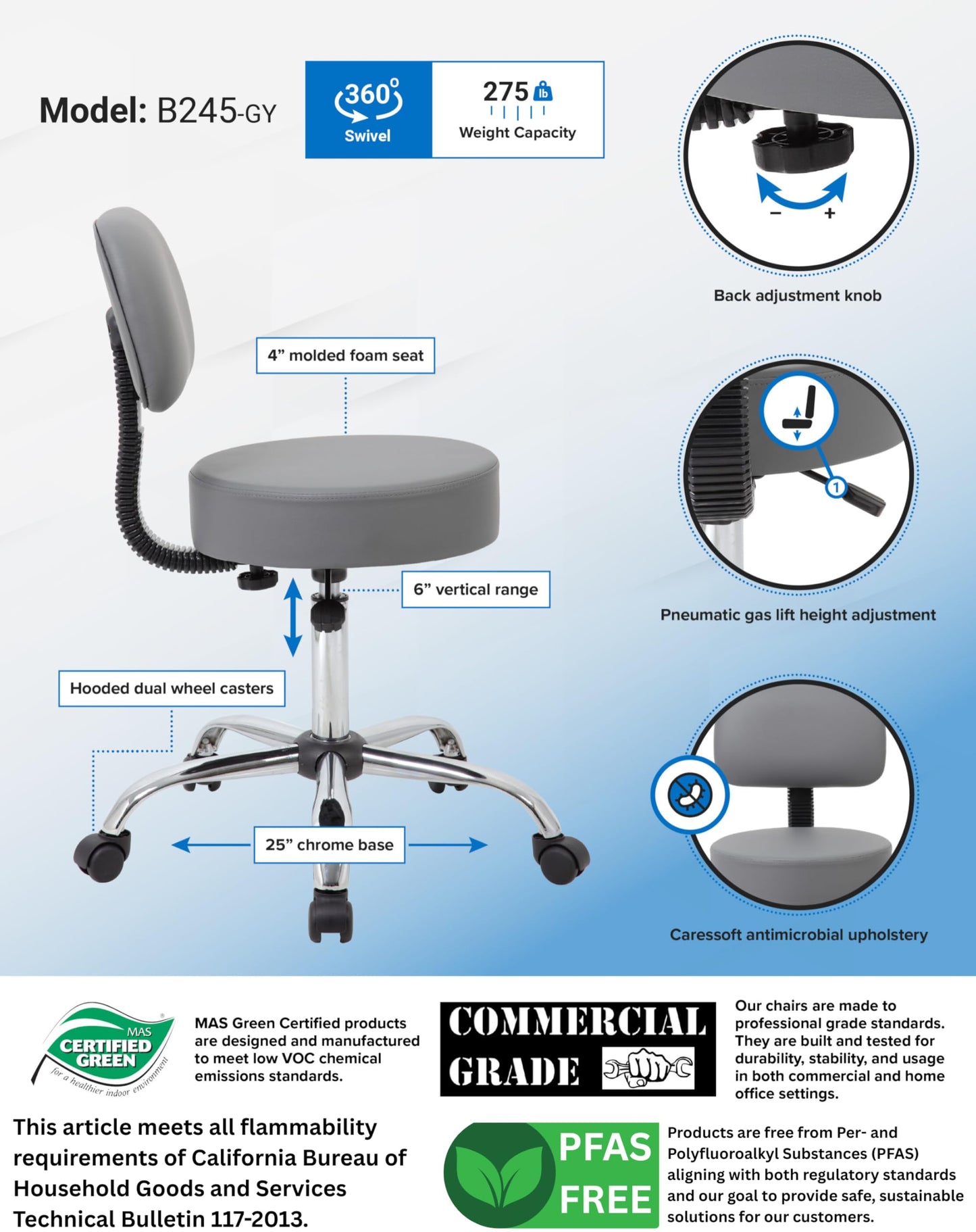 Boss Office Products Be Well Medical Spa Professional Adjustable Drafting Stool with Back, Grey (B245-GY)