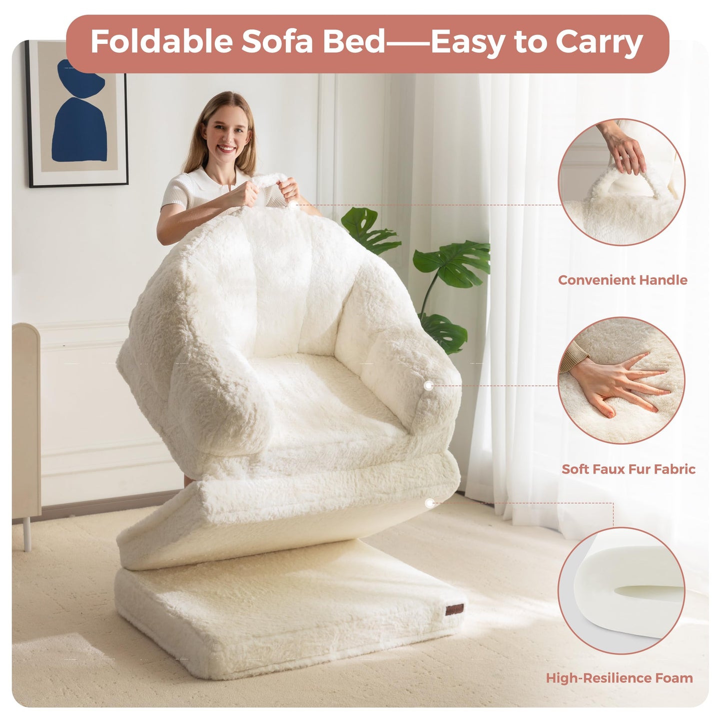 MAXYOYO Folding Sofa Bed, 2 in 1 Convertible Sofa to Lounger Comfy Single Bean Bag Chair for Adults, Floor Couch with Handle, Faux Fur Couch Bed for Living Room Bedroom, Beige