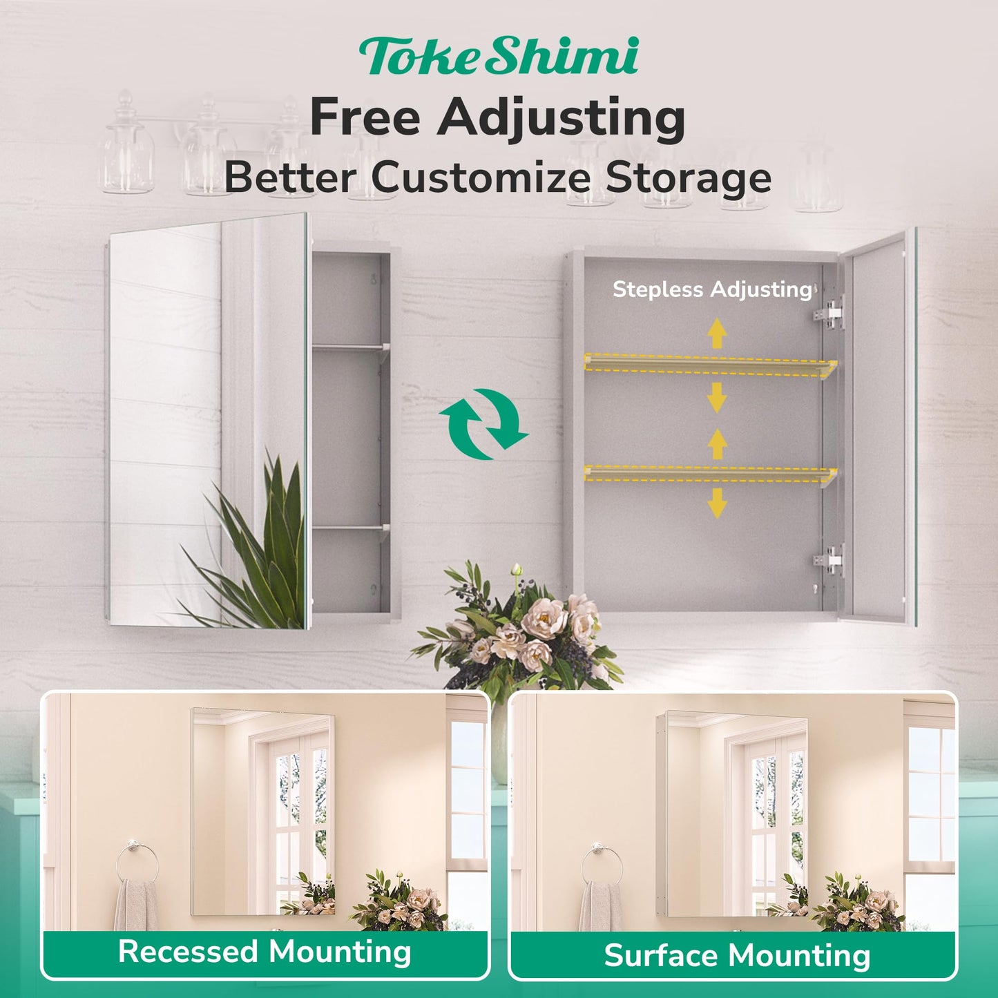 TokeShimi 16x24 Bathroom Medicine Cabinet with Mirror, Aluminum Silver Recessed or Surface Mount with Adjustable Storage Metal