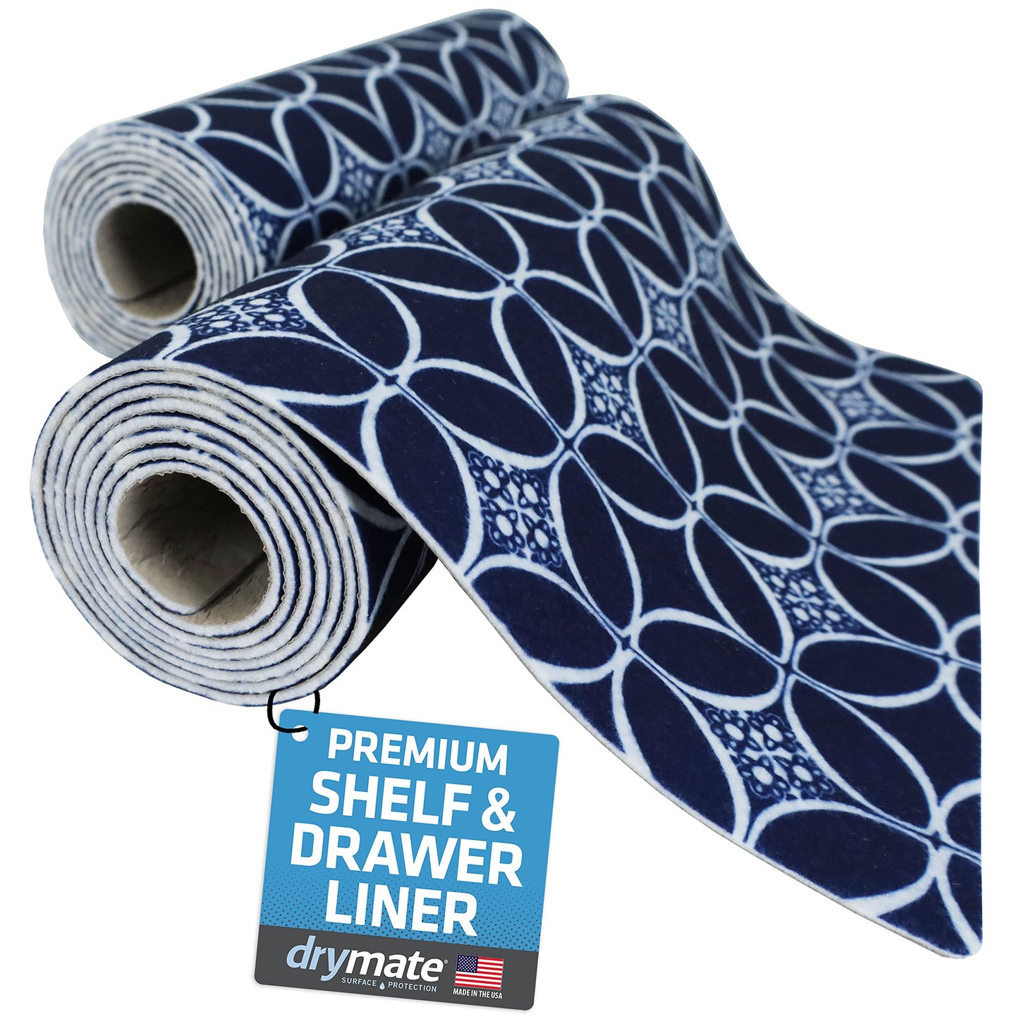 Drymate Premium Luxury Shelf & Drawer Liner, Thick Cushioned Fabric, Non-Adhesive, Absorbent, Waterproof, Slip-Resistant, Liners for Kitchen Cabinets, Cupboards (USA Made)(12”x59”)(2-Pack)(Indigo)