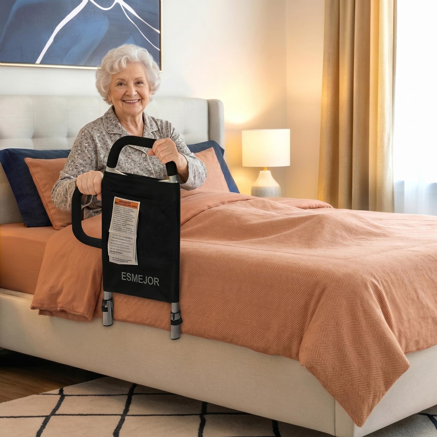 ESMEJOR Bed Rails for Elderly Adults, Bed Assist Rail with Dual Padded Handles & Storage Pocket, 300 lbs Capacity, Fits Twin Queen King Beds, Tool-Free Assembly, Black