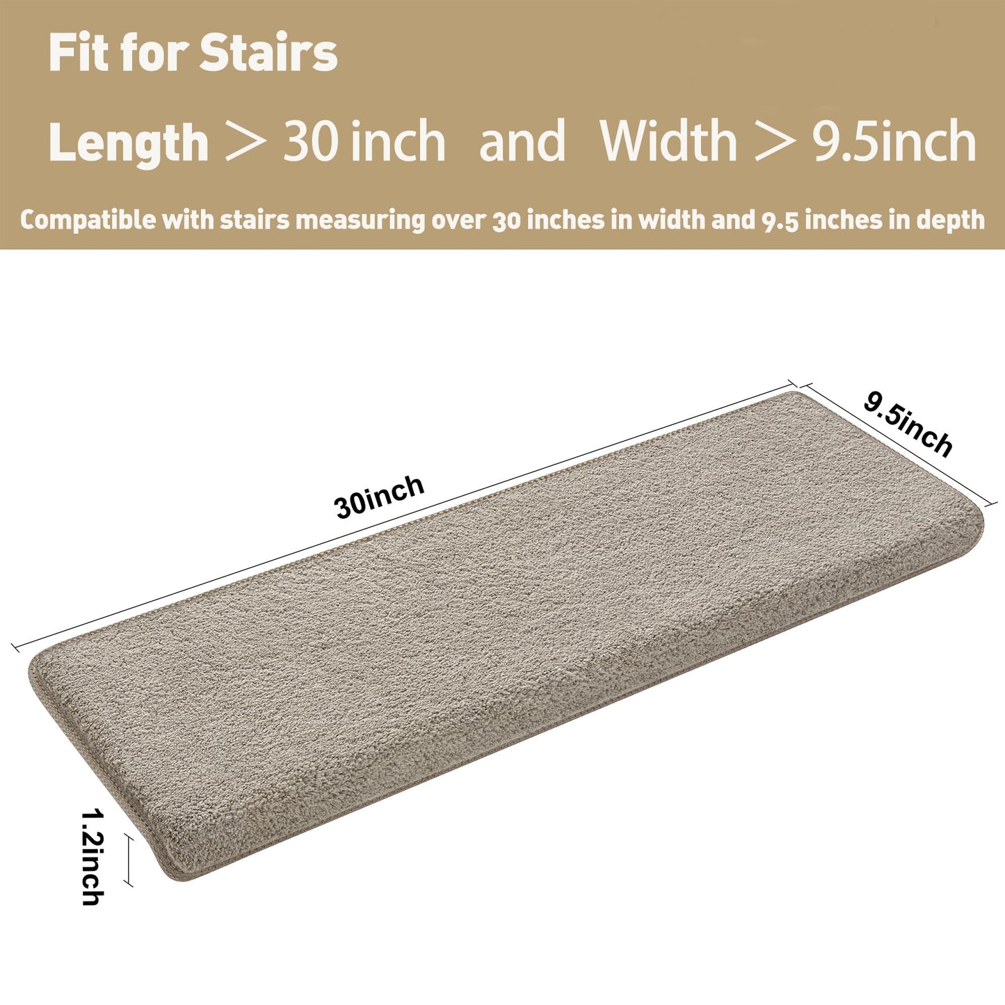 PURE ERA Carpet Stair Treads Ultra Plush 9.5" X 30"Soft Bullnose Indoor Stair Protectors Pet-Friendly Non-Slip Skid Resistant Tape Free Washable Reusable(2 Pieces, Cream Gray)