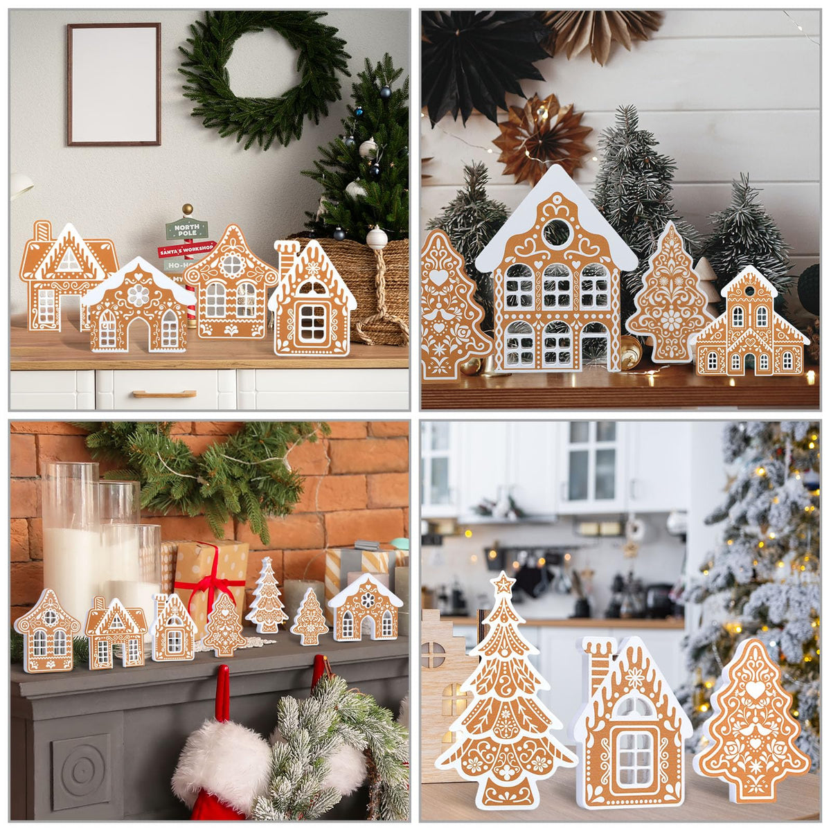 Faccito 9 Pcs Wood Gingerbread House Decor Sets Christmas Village Bulk Wooden Christmas Tree Centerpiece Winter Desk Shelf Ornament for Mantel Window Xmas Tabletop Farmhouse Indoor Decorations