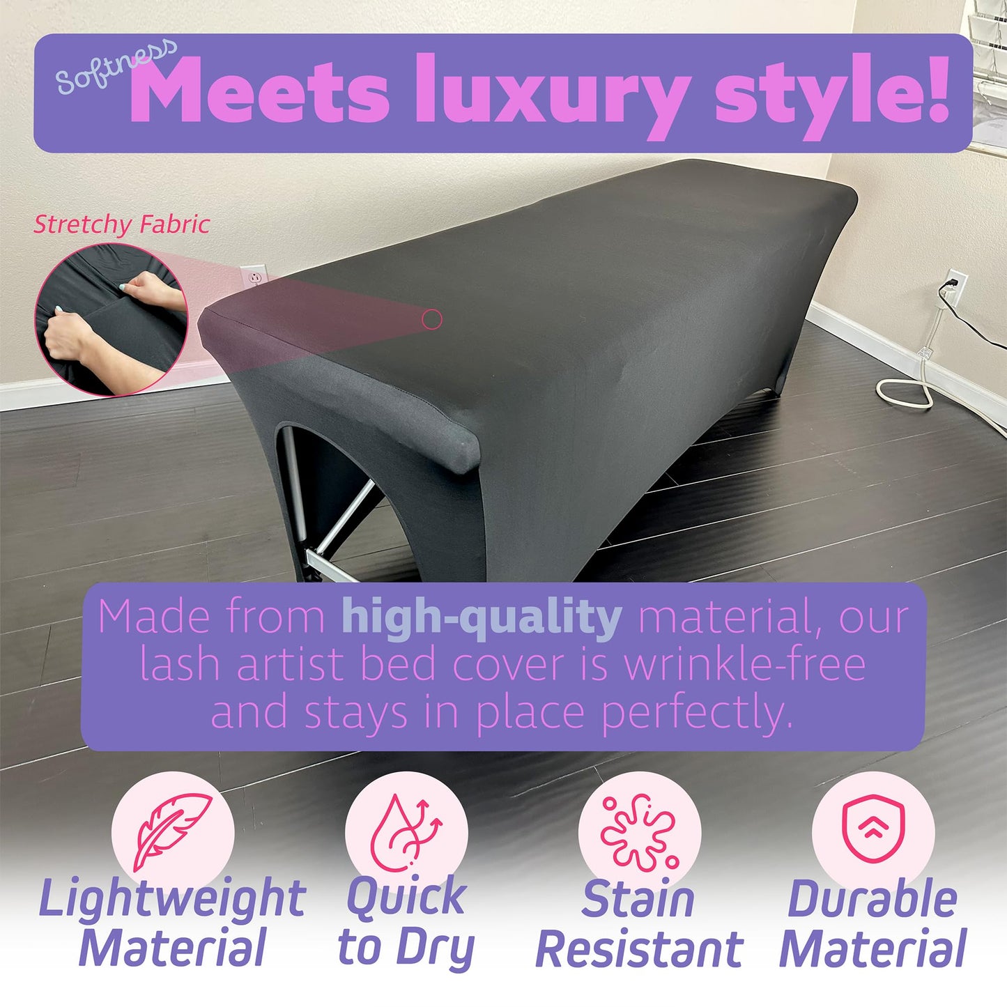 Massage Table Cover – Black Stretch 6ft Cover for Massage Bed, Lash Bed Topper for Spa or Salon, Fitted Table Wrap, Compatible with 6ft Folding Beds, Durable and Professional Look