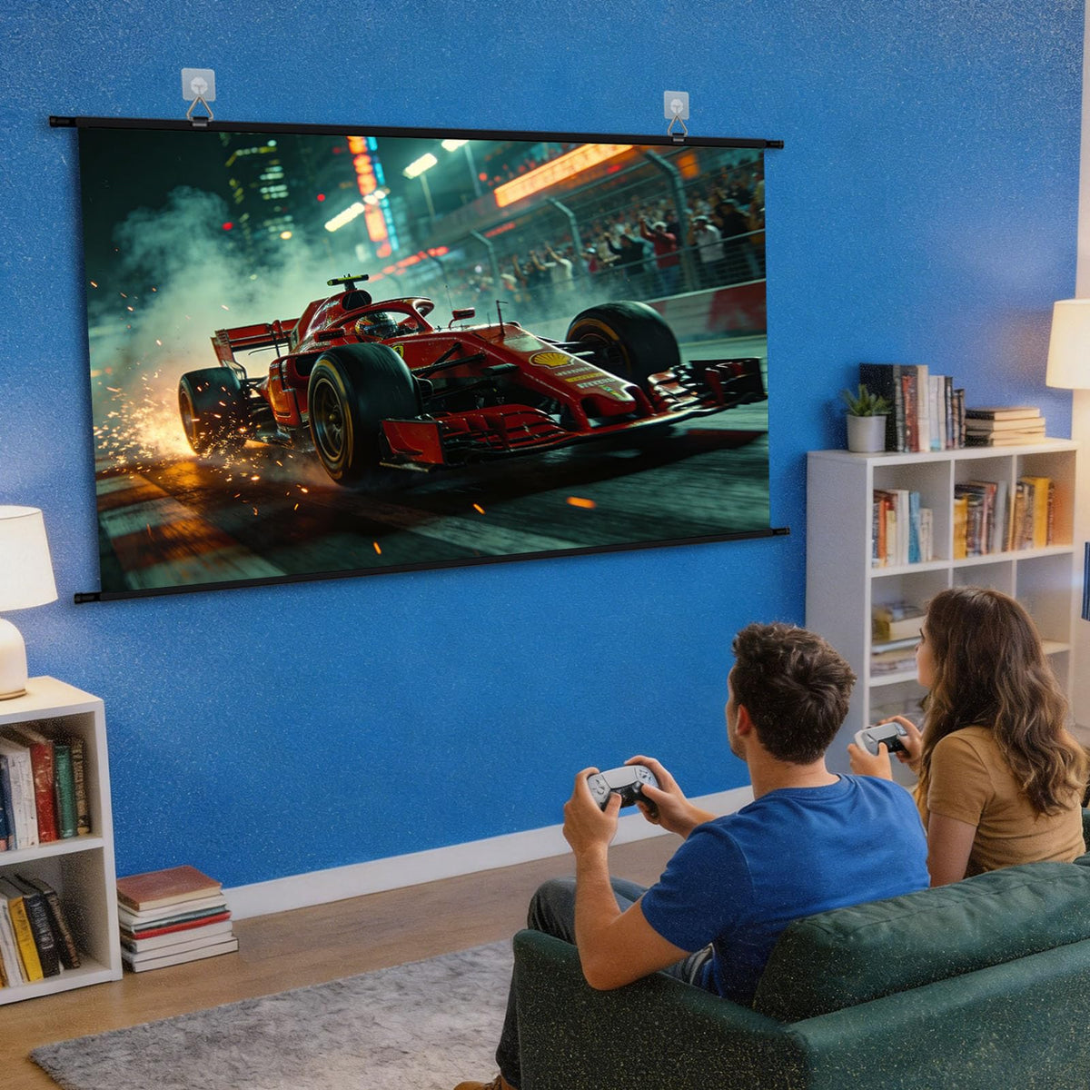 110 inch Projector Screen, XIAOHUI Portable Movie Projector Screen for Outdoor Indoor with 3 pcs Adhesive Hook, 4K Hanging Projection Screen for World Cup Room Wall, Anti-Glare, 16:9 HD