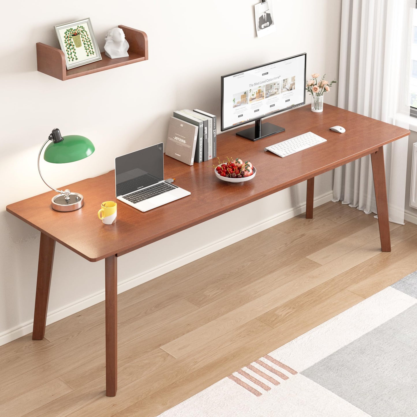 ENPKLUTE Solid Wood Desk with Large Desktop - 70.9" Mid Century Modern Executive Desks, Farmhouse Home Office Computer Desks for Two People, Writing Study Table | 2 Person Desk for Any Room-Walnut