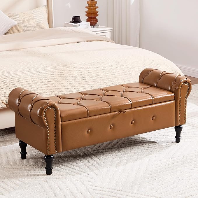Storage Bench for Bedroom, Faux Leather 51" End of Bed Bench, Queen Size Bench