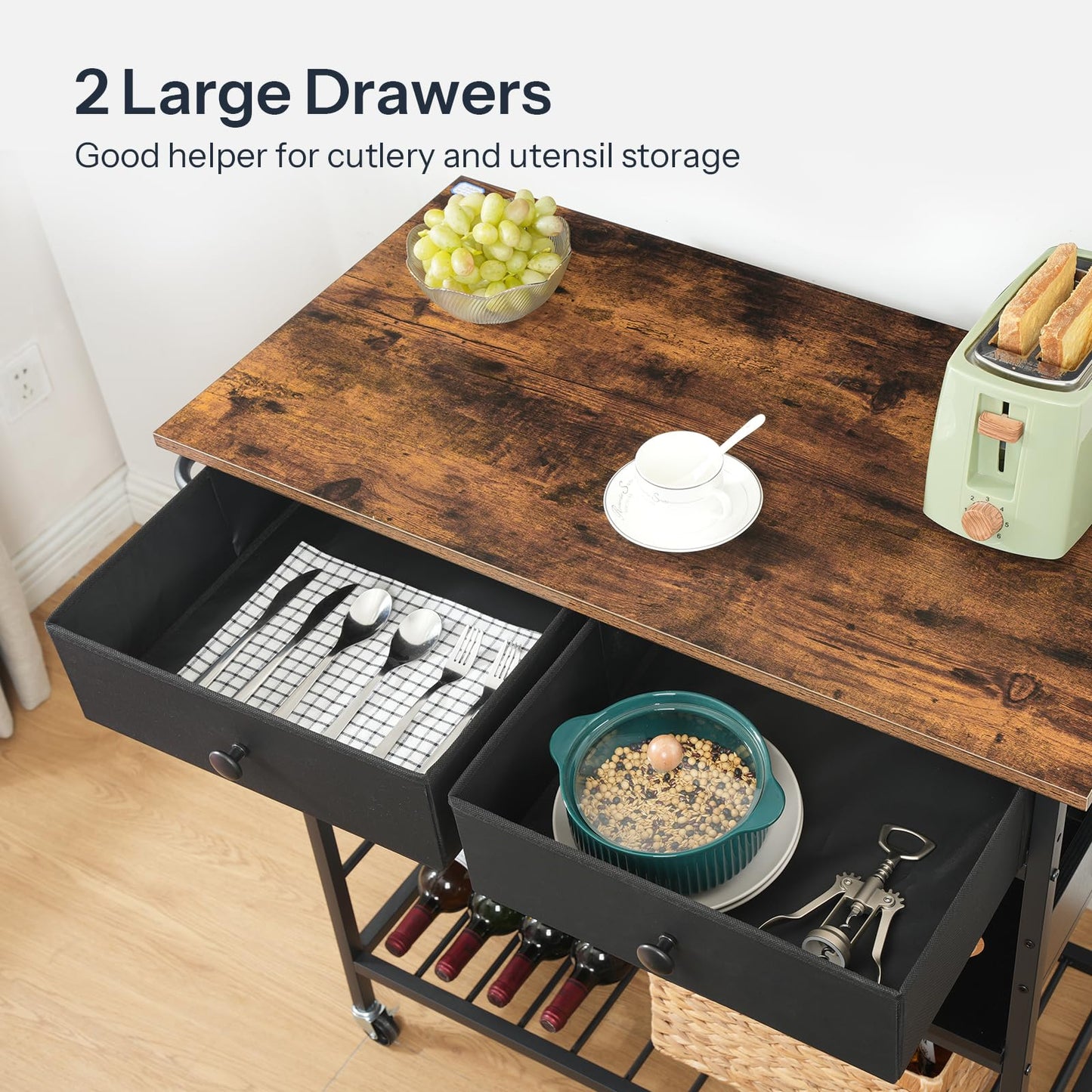 HOOBRO Kitchen Island with Storage, Rolling Island Cart for Kitchen with 2 Drawers & Outlet, 3 Tier Coffee Station and Microwave Stand, Kitchen Island Table for Home, Rustic Brown and Black FB08UZD01