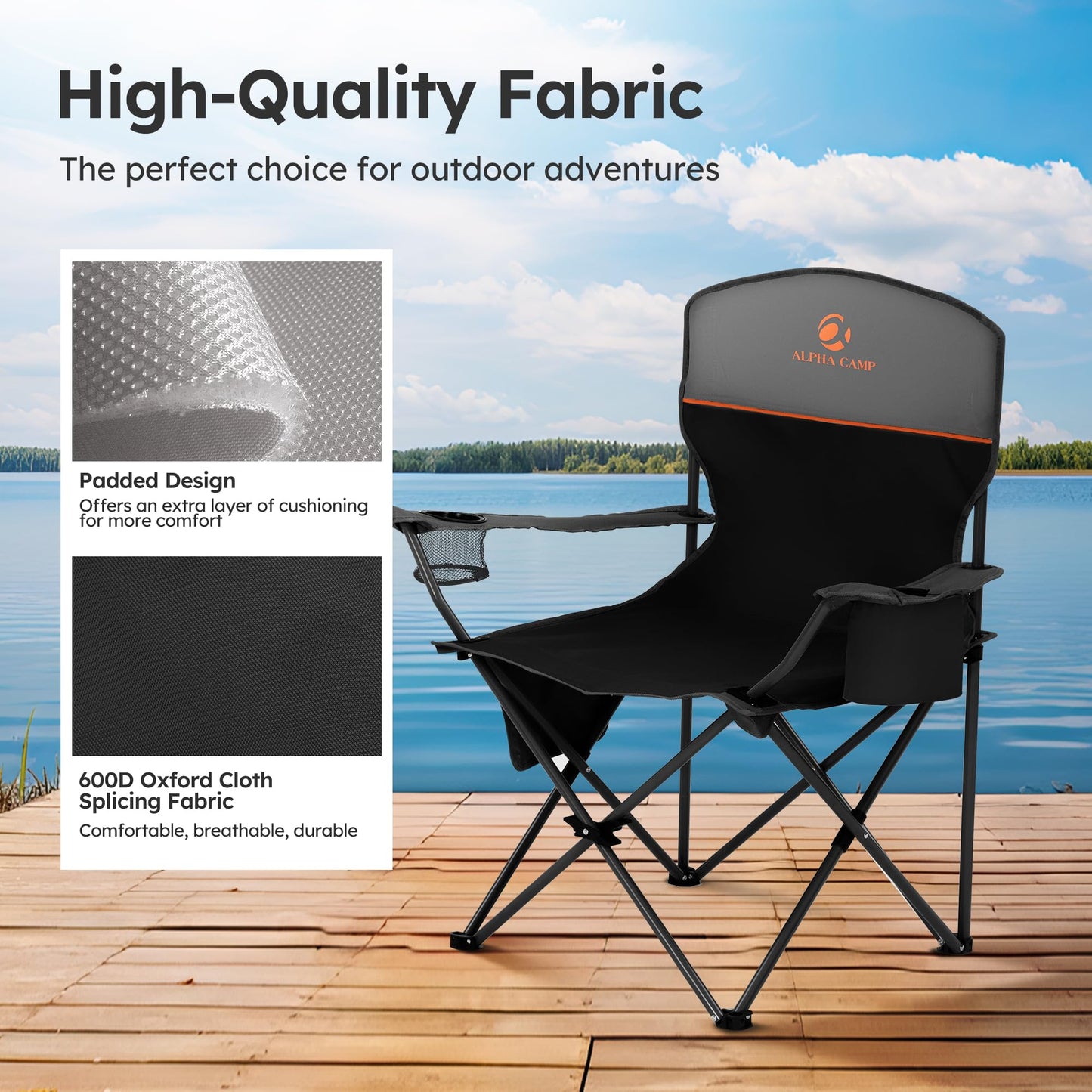 LET'S CAMP Camping Chair 2 Pack Folding Chair with 4-Can Cooler Bag Portable Lawn Chair with Cup Holder,Storage Pocket, Supports 250LBS, Collapsible Chair for Camp, Beach, Picnic (Black)