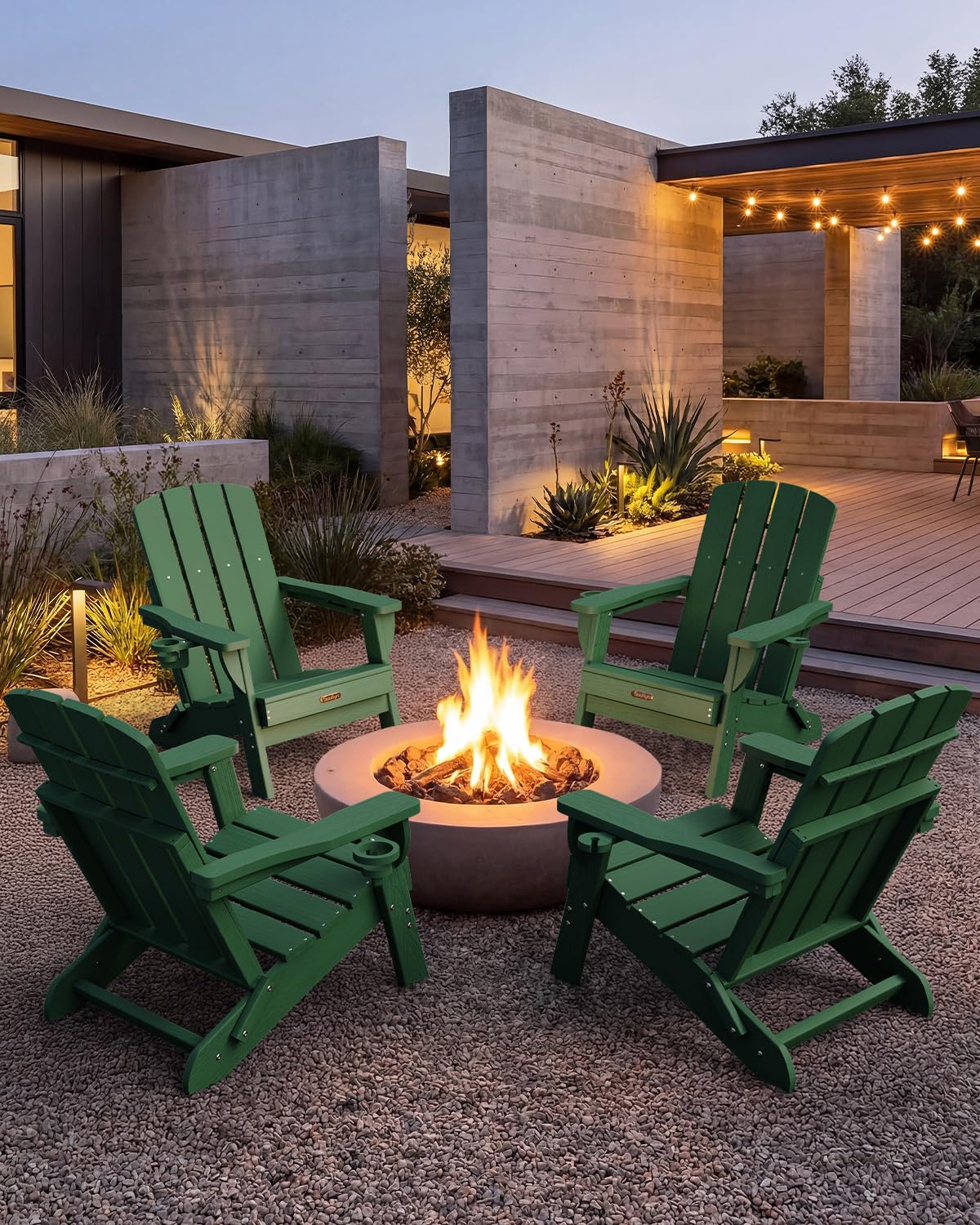 SUUNYN Folding Adirondack Chair, HDPE Adirondack Chairs with 2 Cup Holder, Plastic All-Weather Fire Pit Chairs, Outdoor Lawn Chair for Patio Garden (Green)