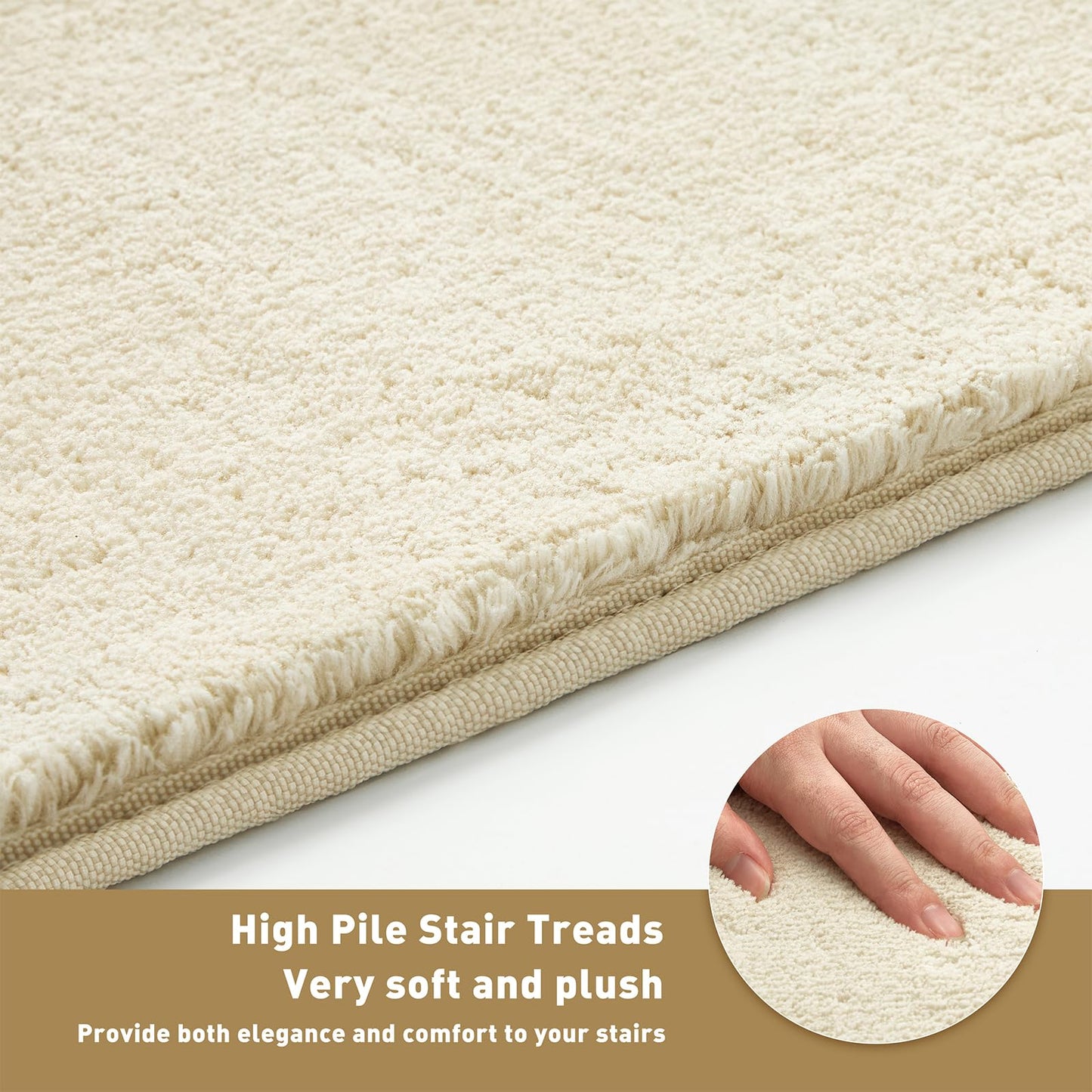 PURE ERA Carpet Stair Treads Ultra Plush 9.5" X 30"Soft Bullnose Indoor Stair Protectors Pet-Friendly Non-Slip Skid Resistant Tape Free Washable Reusable(2 Pieces,Beige)