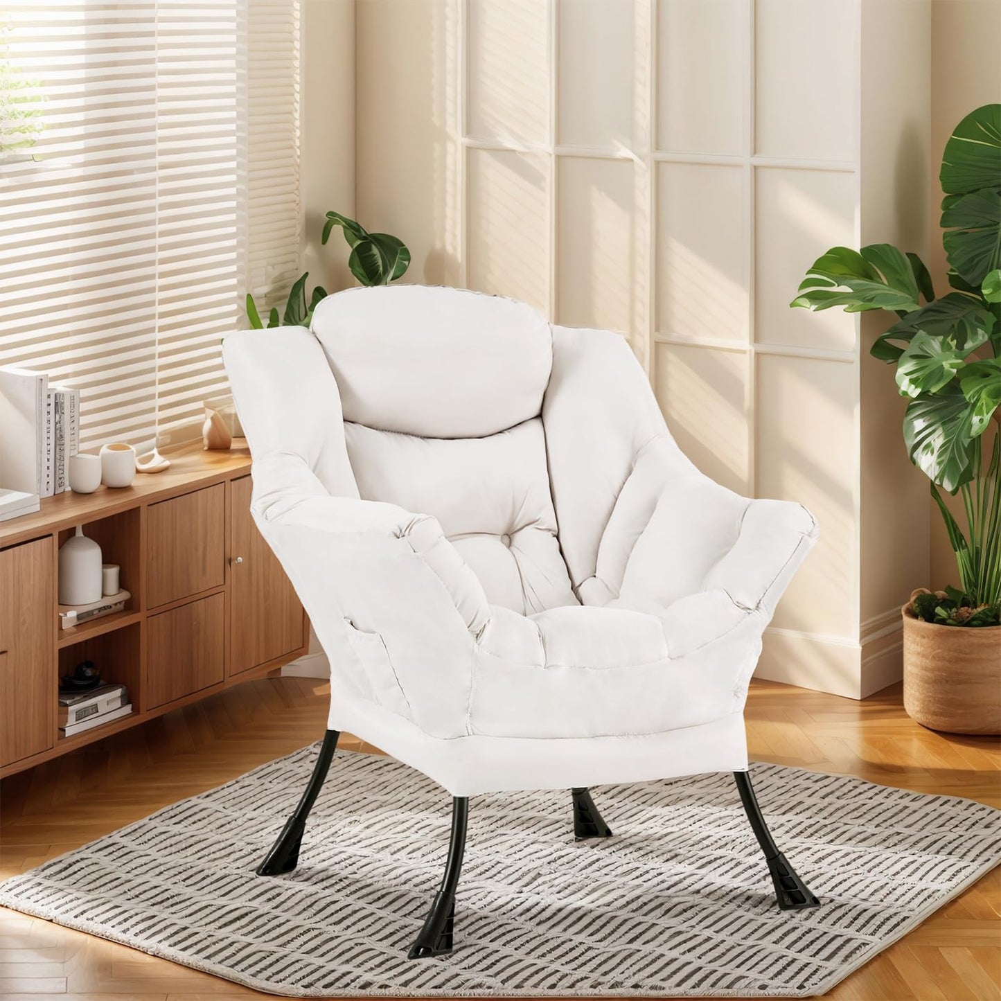 Furlide Lazy Chair for Living Room, Modern Accent Chairs with Armrests, Beige Armchairs with Side Pocket, Cozy Lazy Sofa for Reading, Balcony, Bedroom, Dorm, Small Spaces