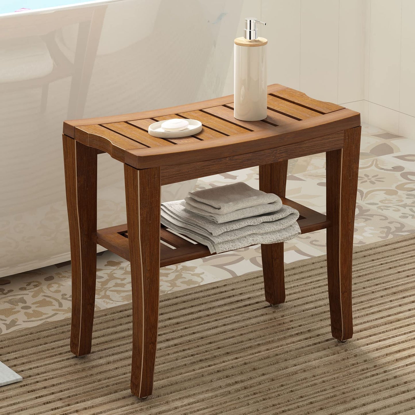 SogesHome Bamboo Shower Bench, Shower Caddies Foot Rest with Storage Shelf for Shampoo Towel, Ideal for Bathroom/Living Room/Bedroom, Dark Brown